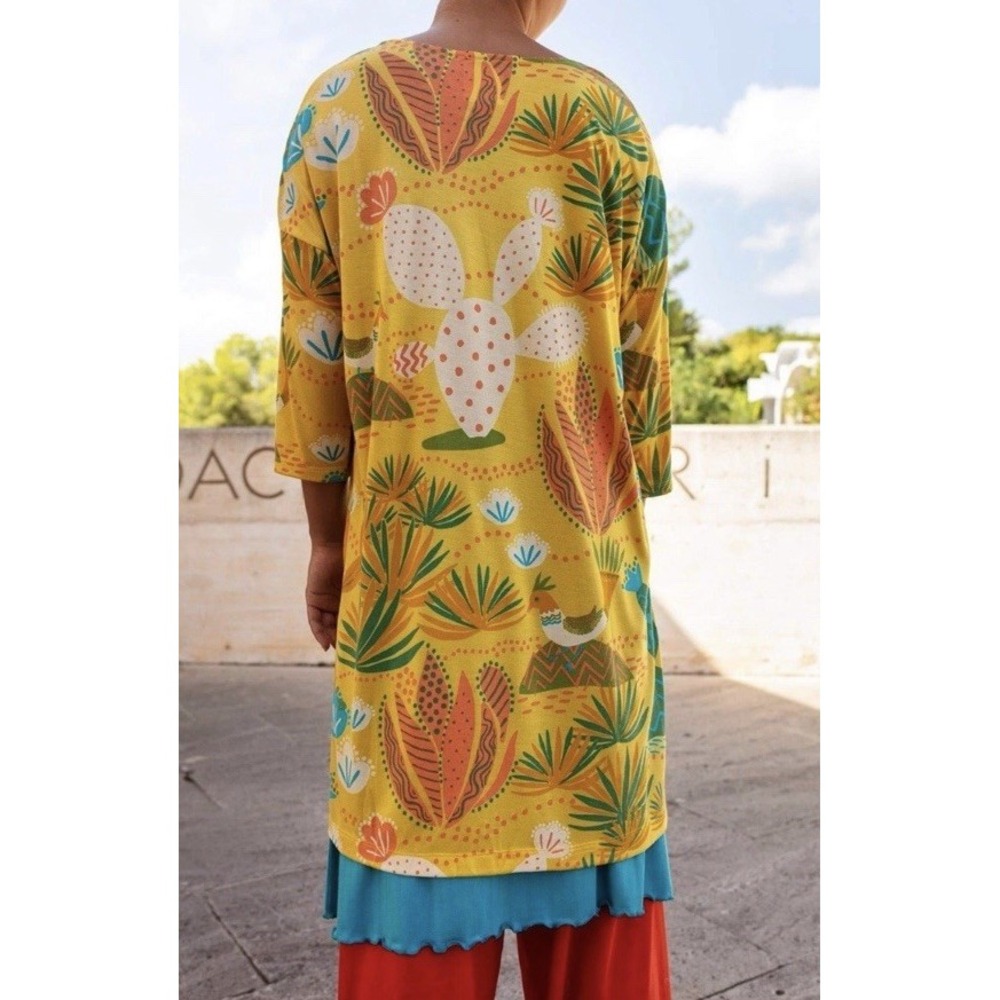 Gudrun Sjoden Dress Large L Yellow Bird Cactus Print Modal Midi Tunic Artsy Folk